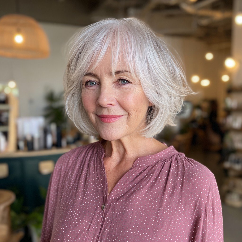 Softly Layered Silver Bob with Face-Framing Bangs