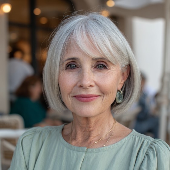 Stylish Chin-Length Grey Bob with Soft Fringe