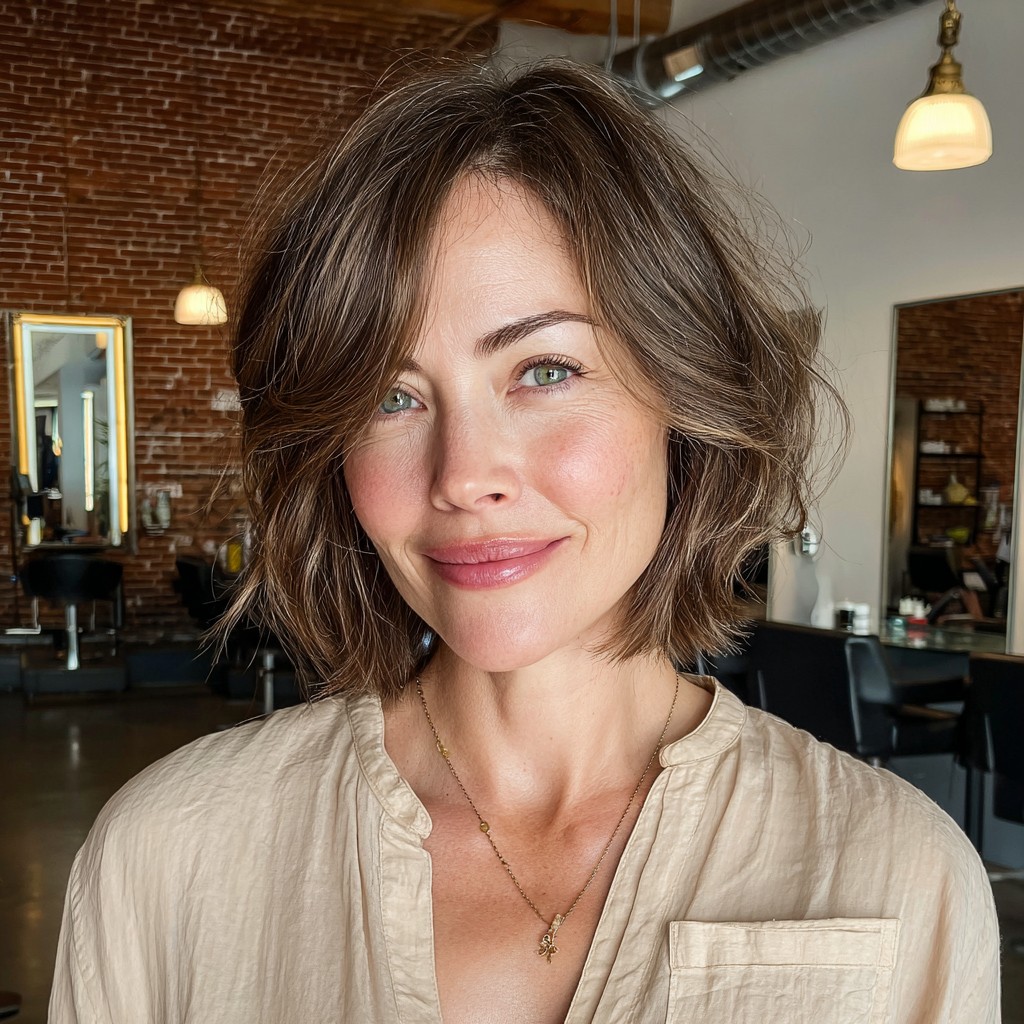 Stylish Textured Lob with Light Brown Highlights