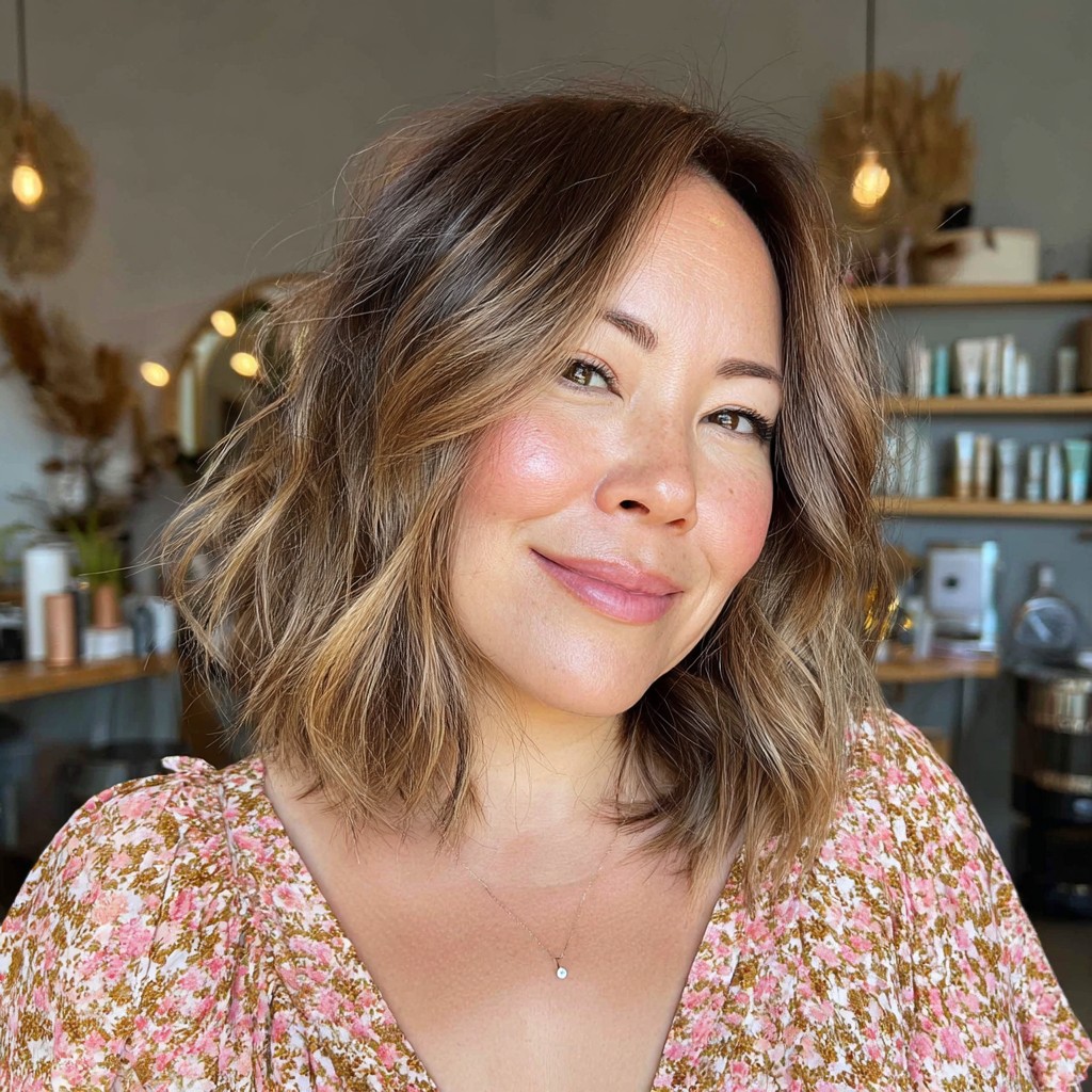 Textured Long Bob with Warm Caramel Highlights