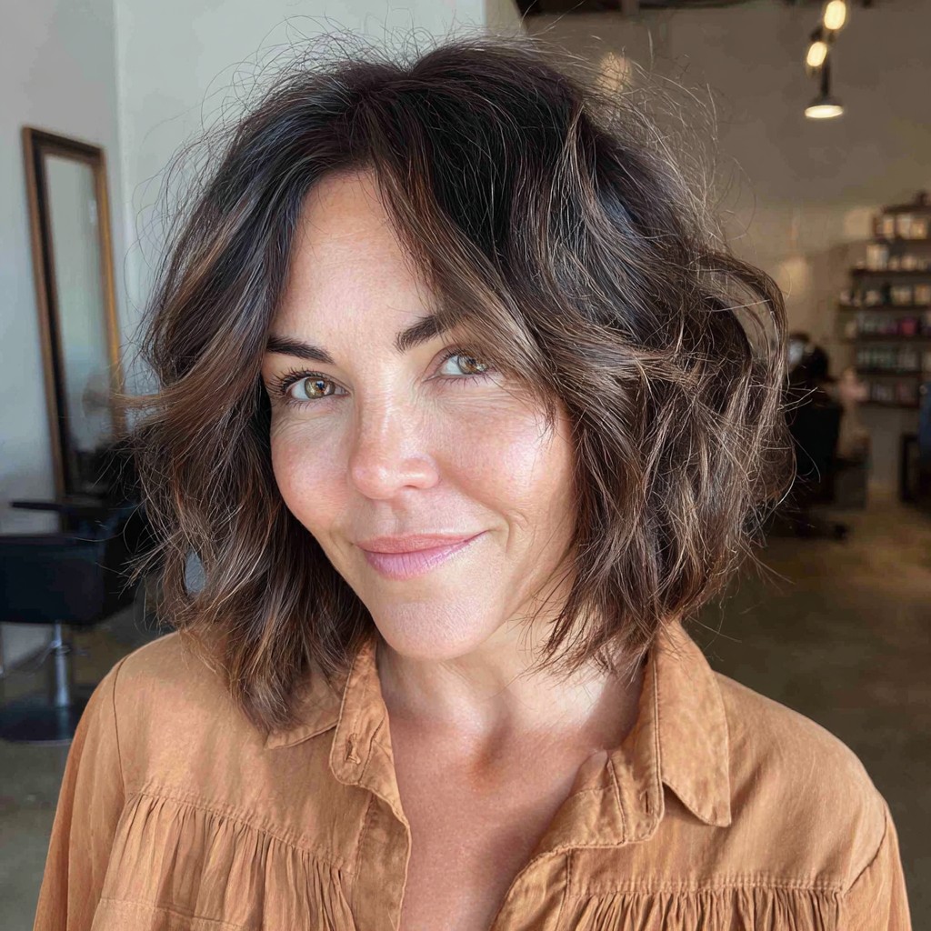 Textured Shoulder-Length Wavy Bob with Highlights