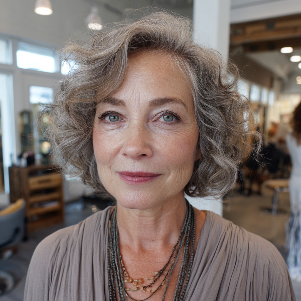 Textured Silver Curly Crop with Soft Volume