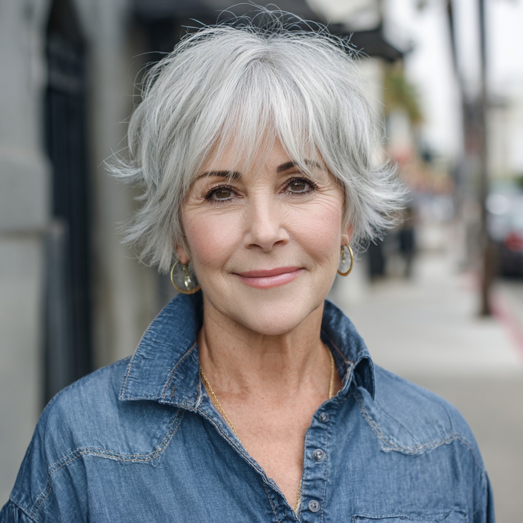 Textured Silver Feathered Pixie Cut