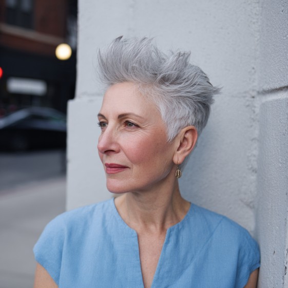 Voluminous Silver Pixie Cut with Textured Layers