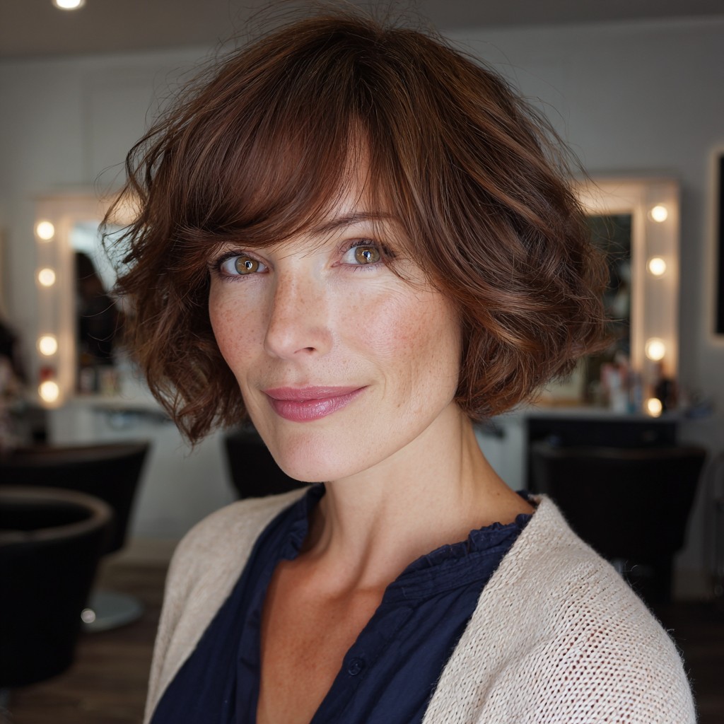 Chic Curly Bob with Soft Wispy Bangs