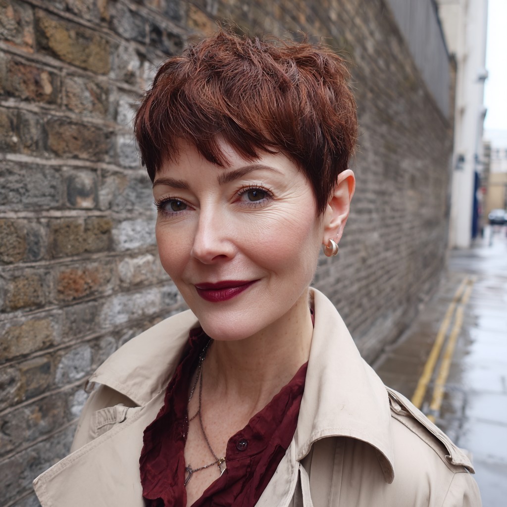 Chic Short Textured Pixie Cut with Rich Auburn Highlights