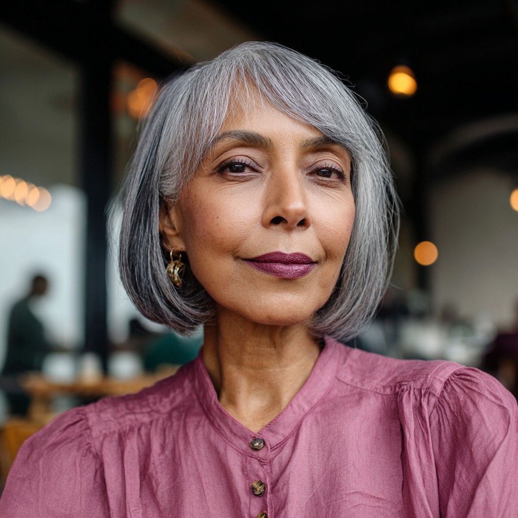 Chic Silver One-Length Bob with Soft Face Framing