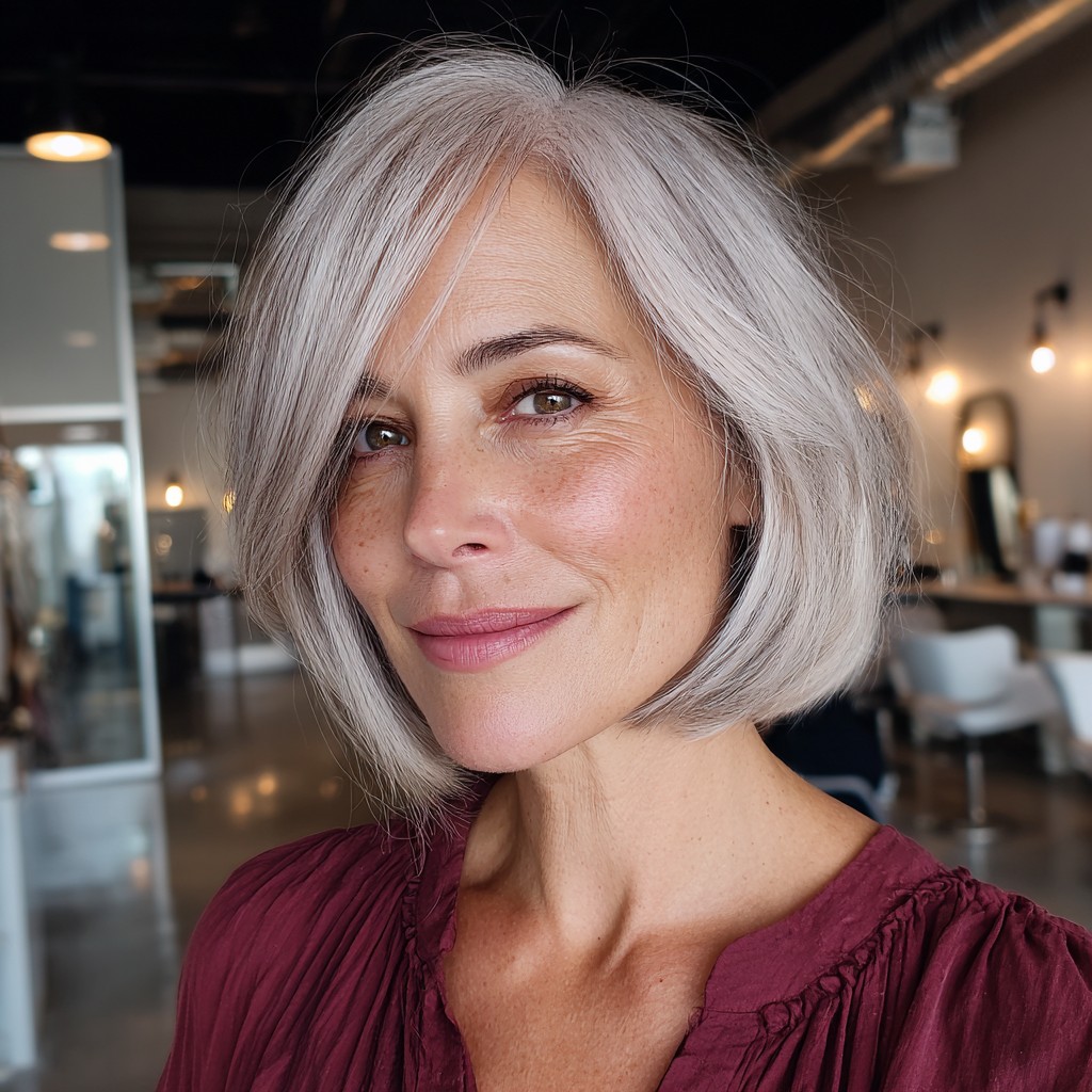 Chic Silvery Chin-Length Bob with Soft Side-Swept Bangs