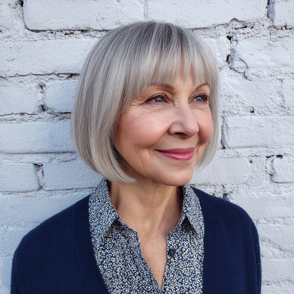 Chic Silvery One-Length Bob with Soft Fringe