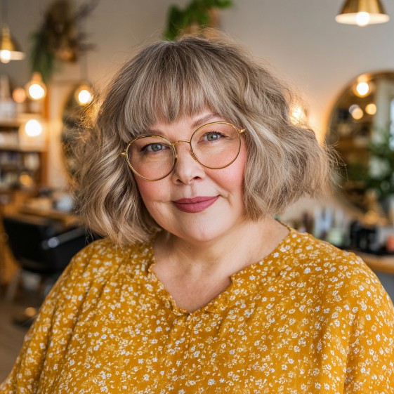 Chic Soft Curly Bob with Blunt Bangs