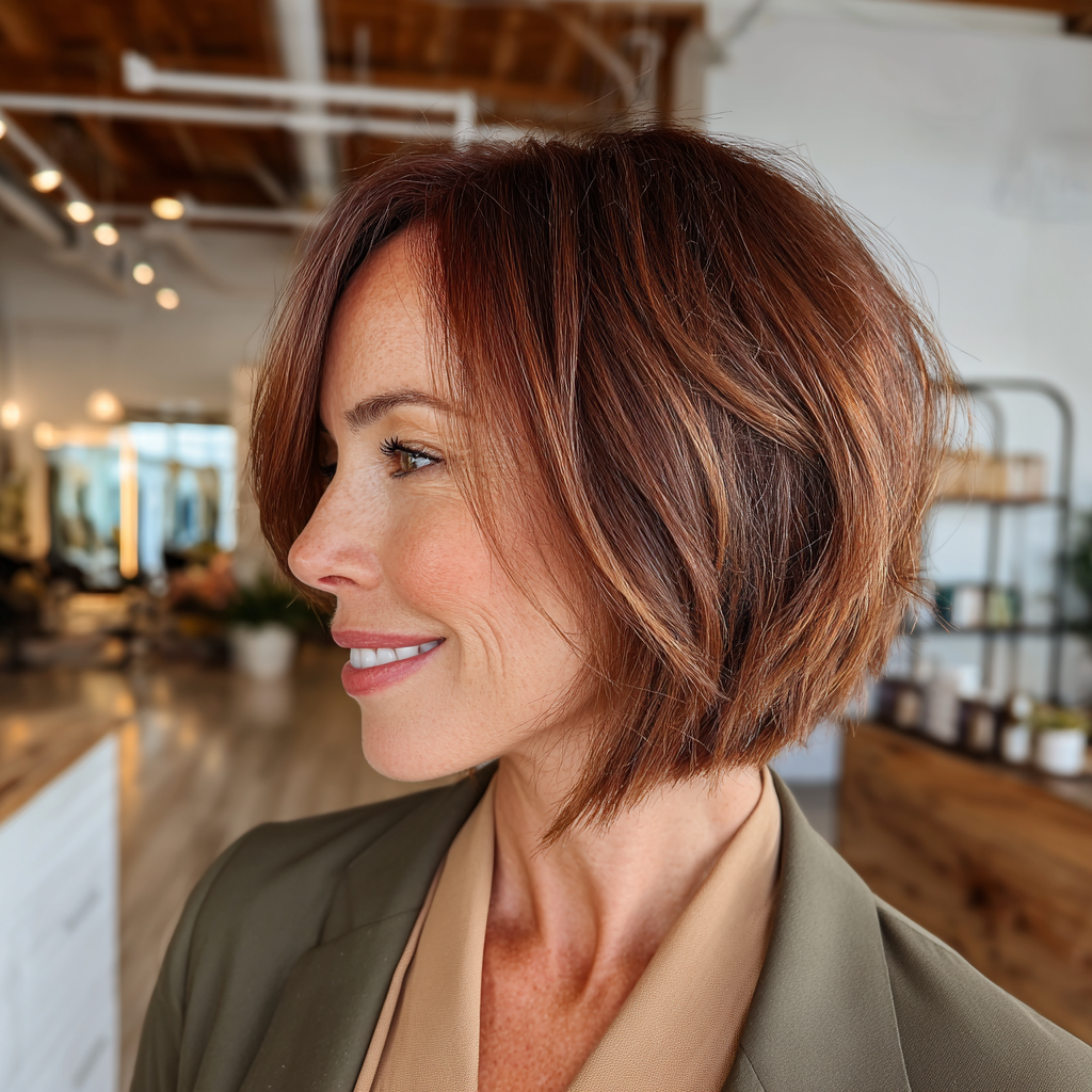Chic Textured Angled Bob with Warm Auburn Tones