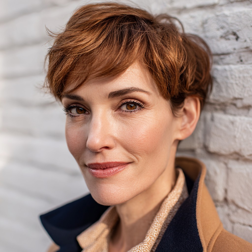 Chic Textured Short Crop with Warm Auburn Highlights