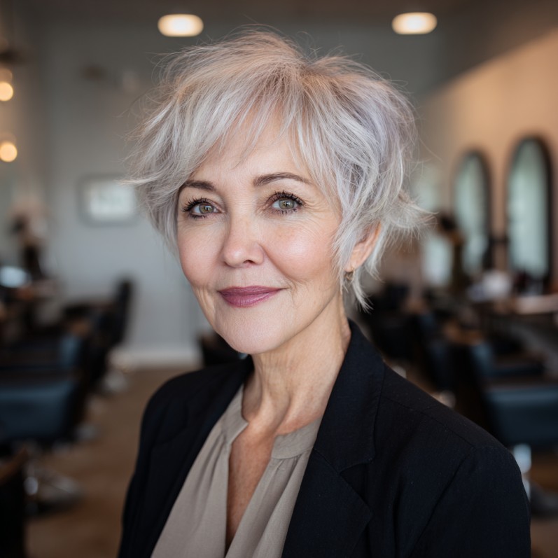 Chic Textured Silver Pixie with Soft Volume