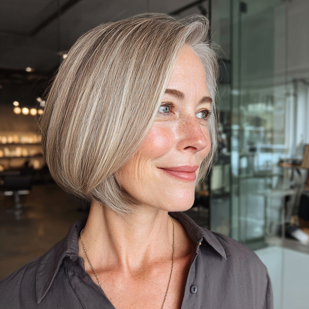Elegant Angled Bob with Soft Silver Highlights