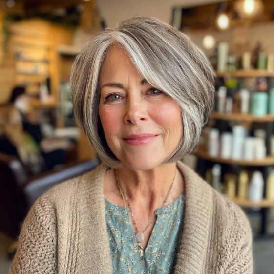 Elegant Silver Layered Bob with Soft Face-Framing Strands