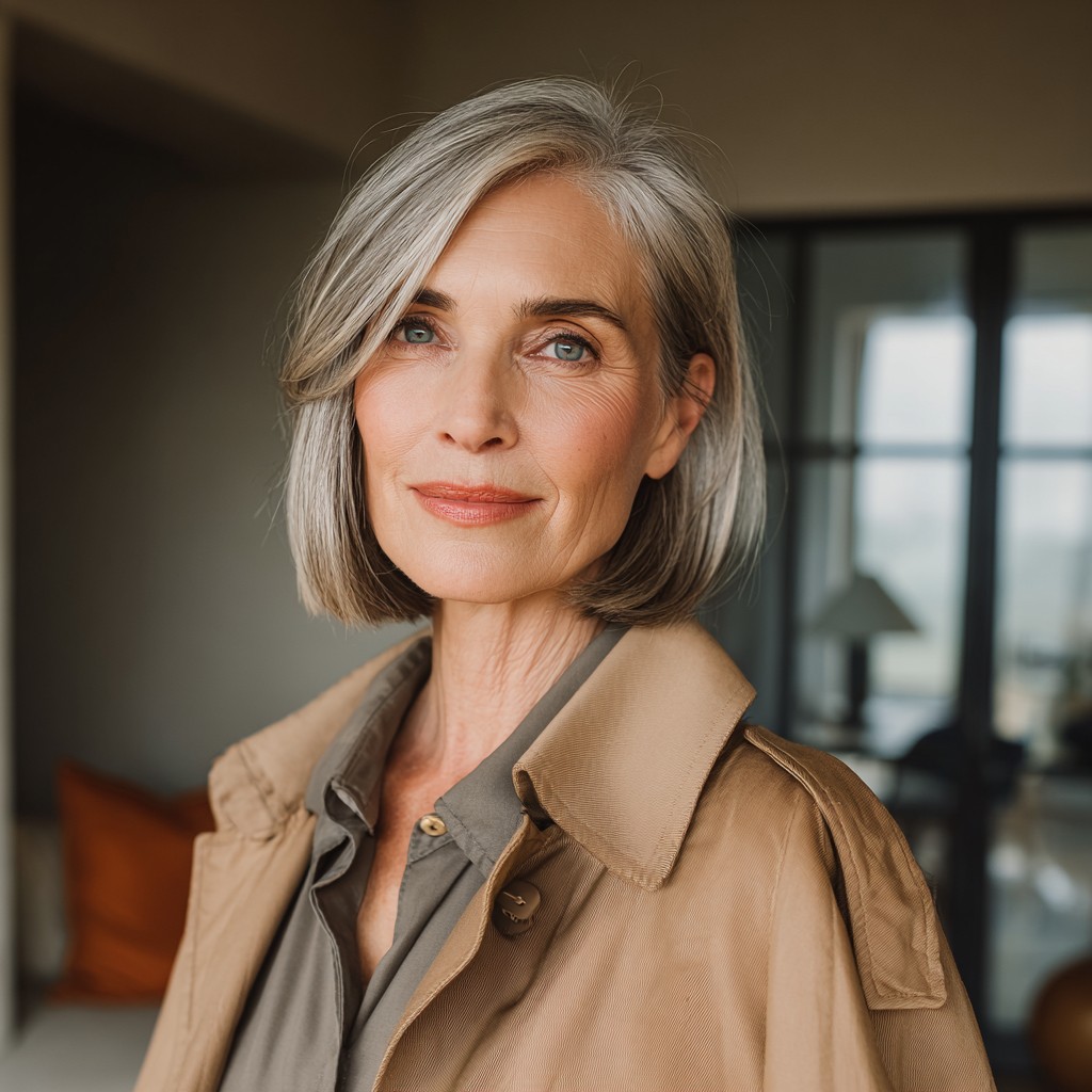 Elegant Silver One-Length Bob with Subtle Side-Swept Bangs