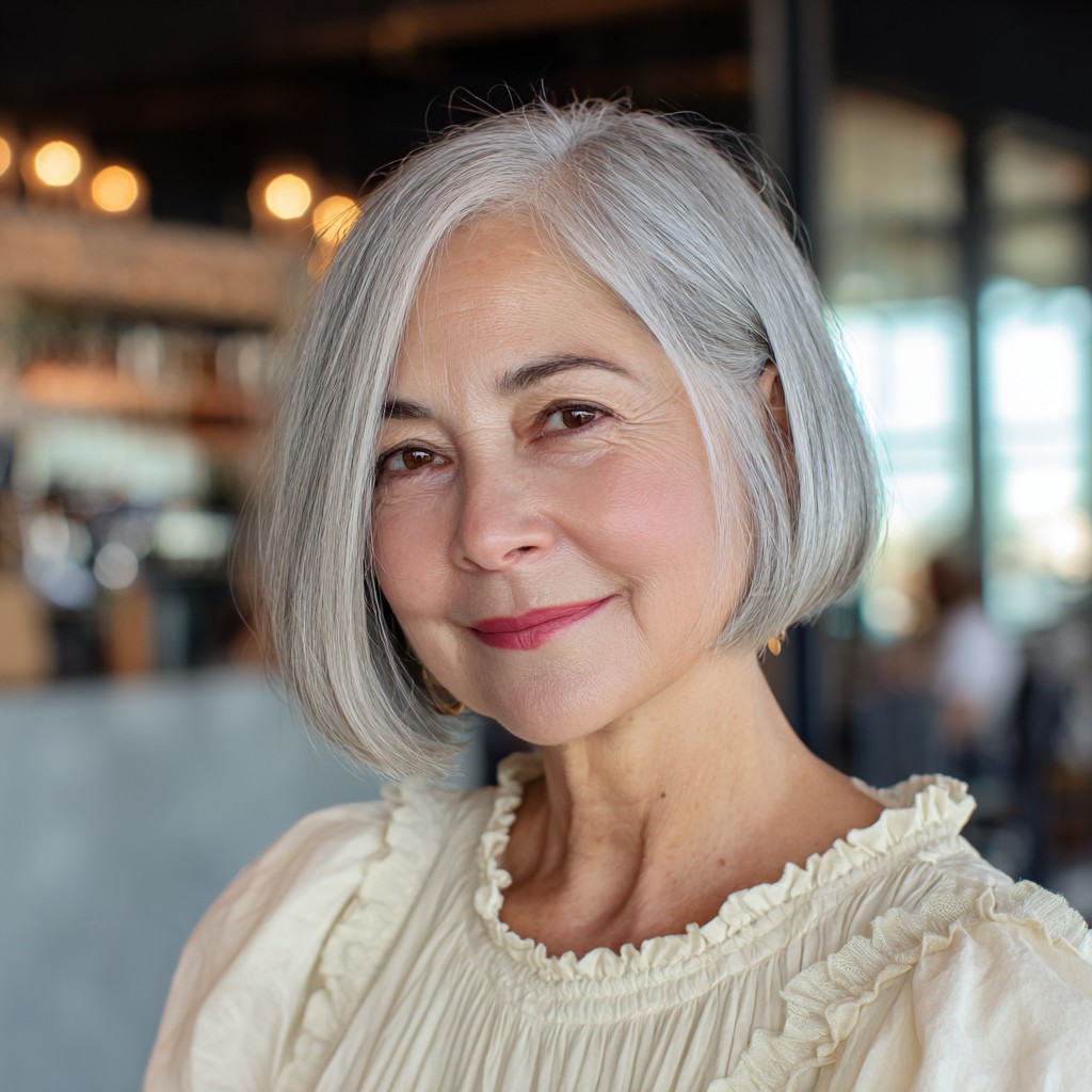 Elegant Silver One-Length Bob with Subtle Volume
