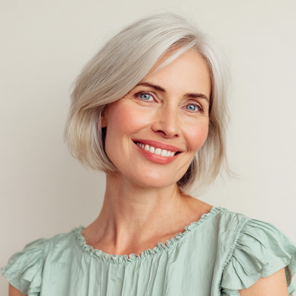 Elegant Soft Silver Chin-Length Bob with Subtle Layers