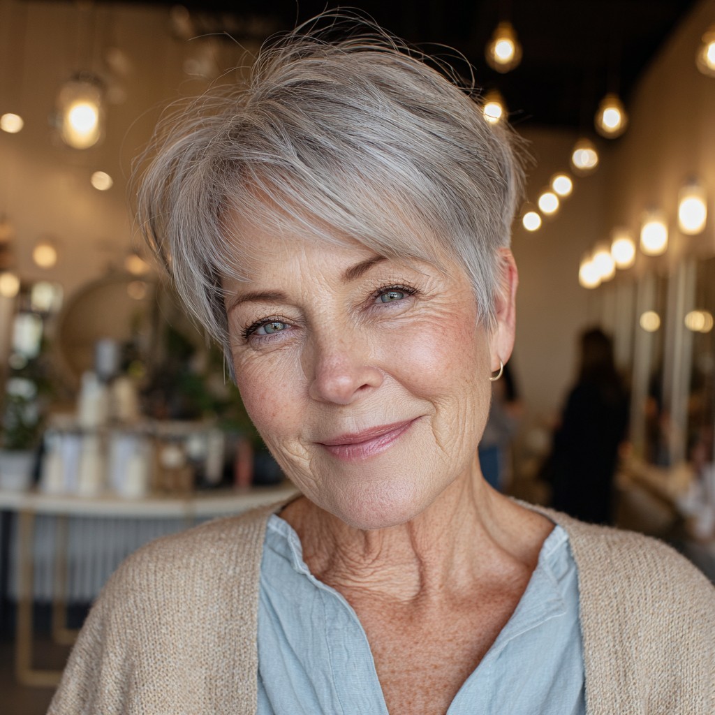 Modern Short Silver Pixie with Subtle Volume