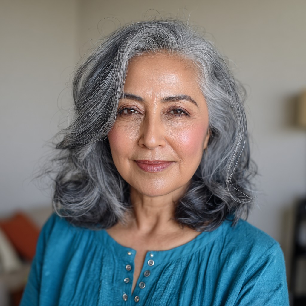 Modern Shoulder-Length Silver Waves with Subtle Layers