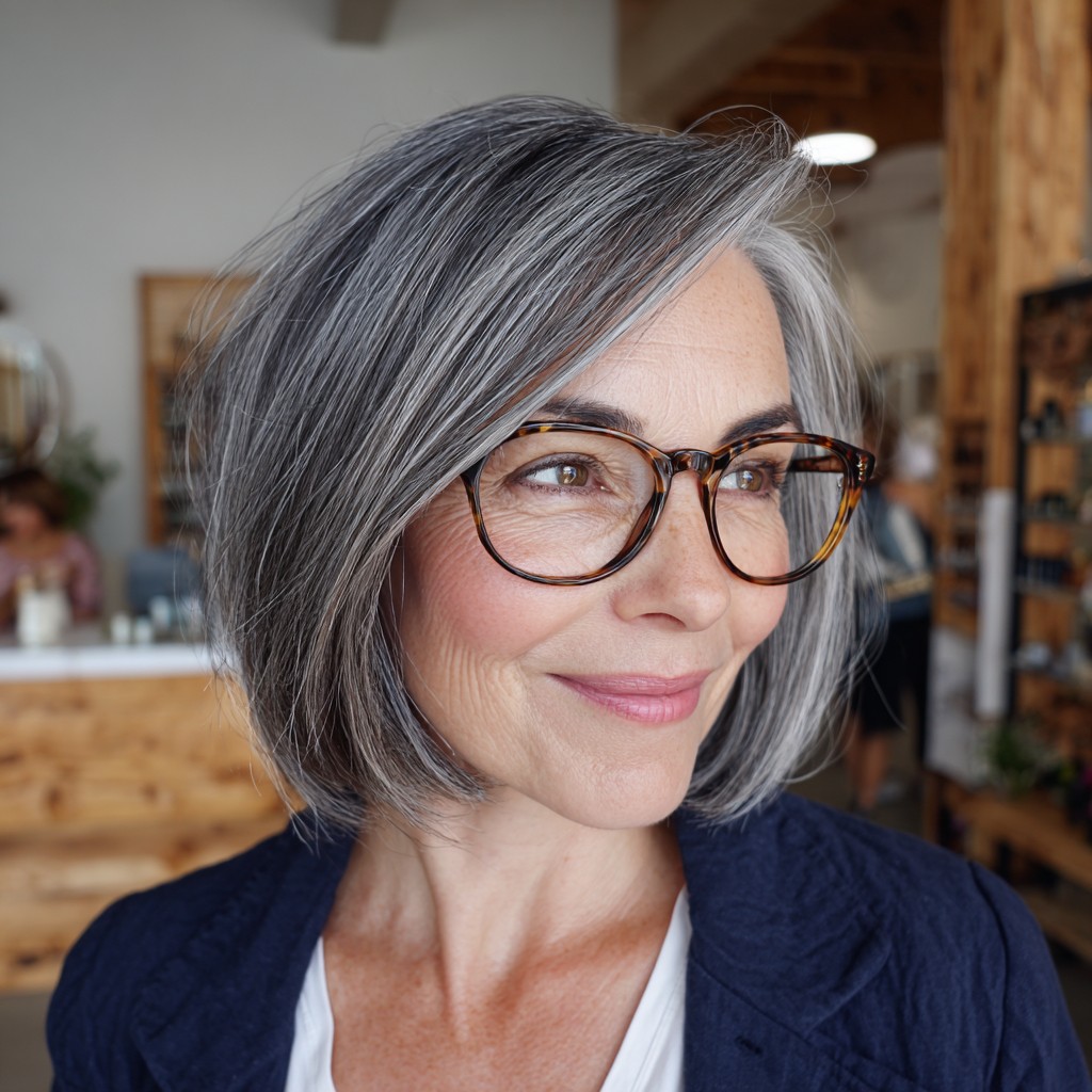 Modern Silver Chin-Length Bob with Subtle Volume