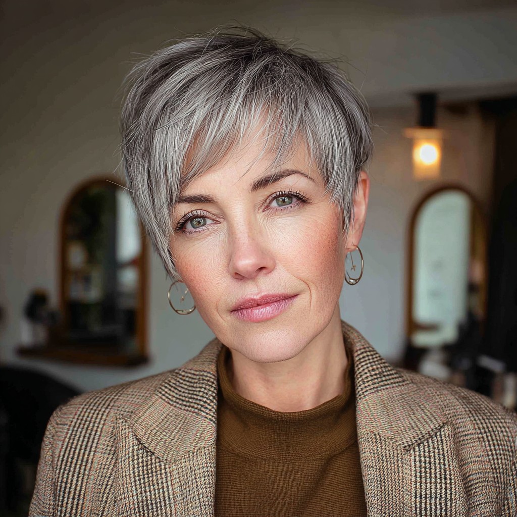 Modern Textured Pixie Cut with Soft Silver Highlights