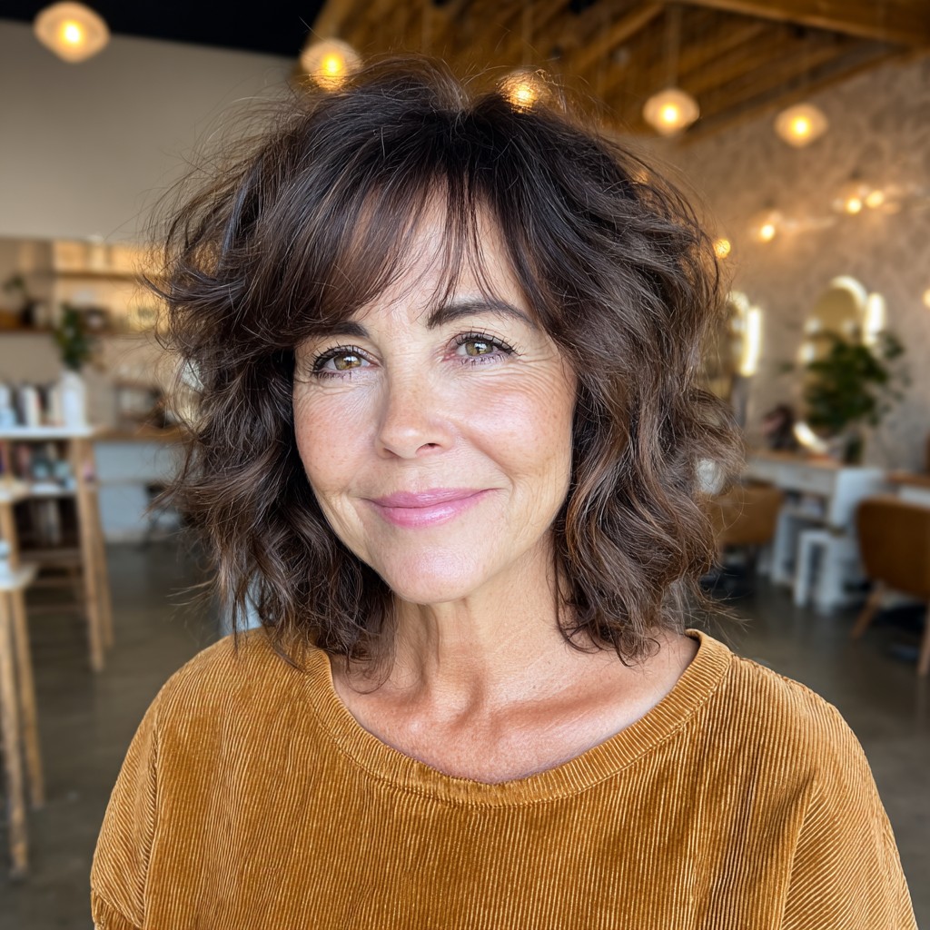 Modern Textured Shoulder-Length Waves with Curtain Bangs