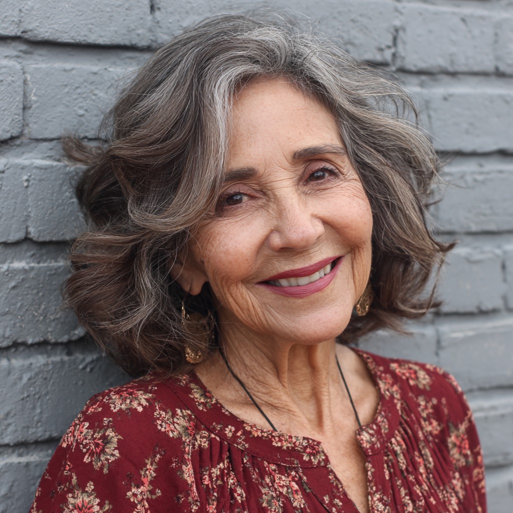 Softly Curled Silver Lob with Gentle Layers