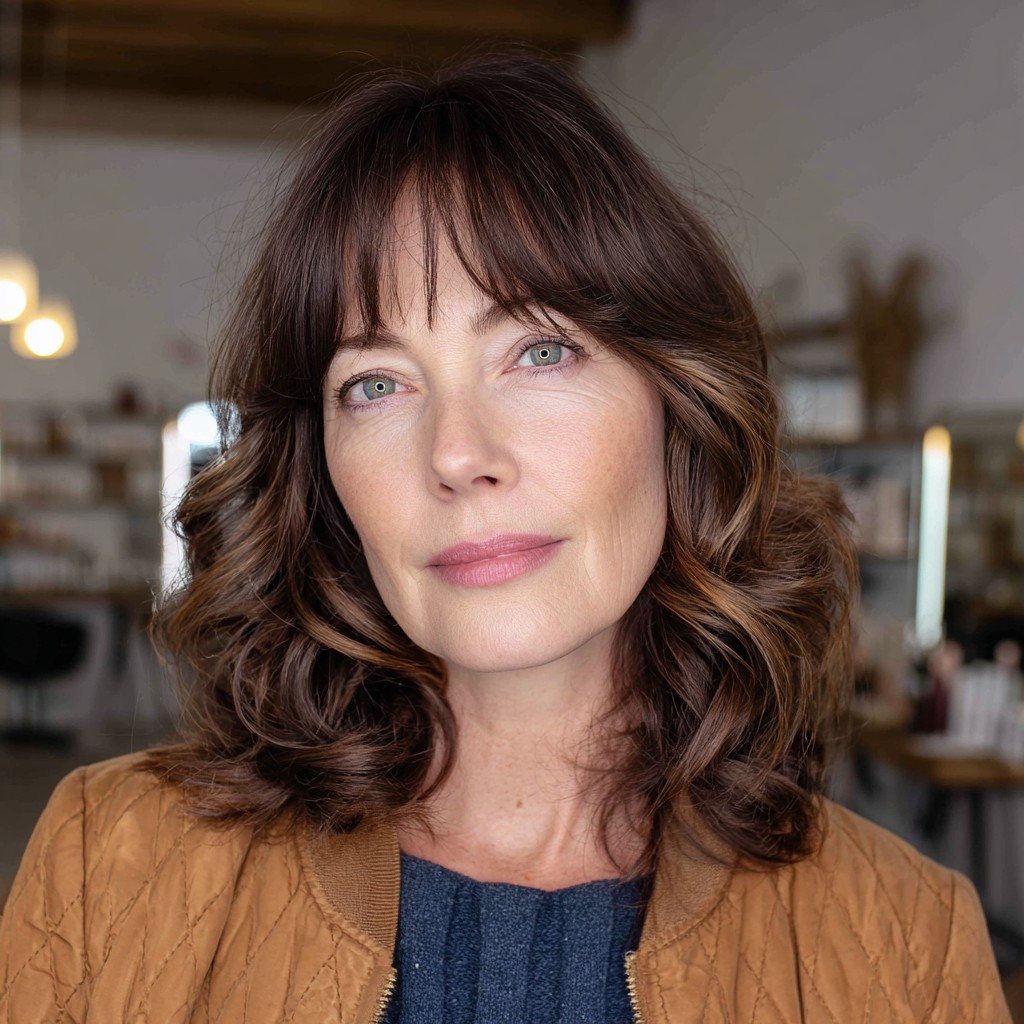 Softly Layered Chocolate Curls with Face-Framing Bangs