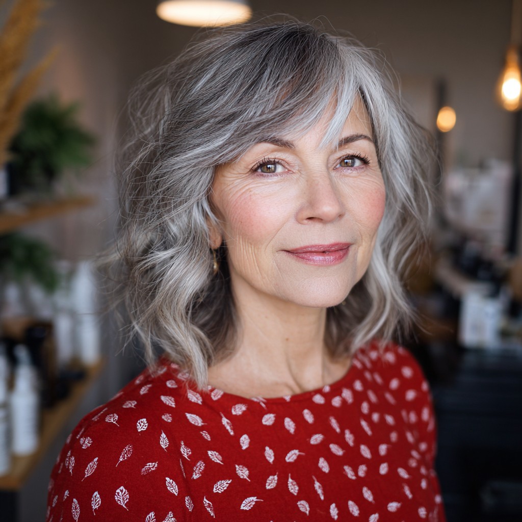 Softly Layered Gray Waves with Face-Framing Bangs