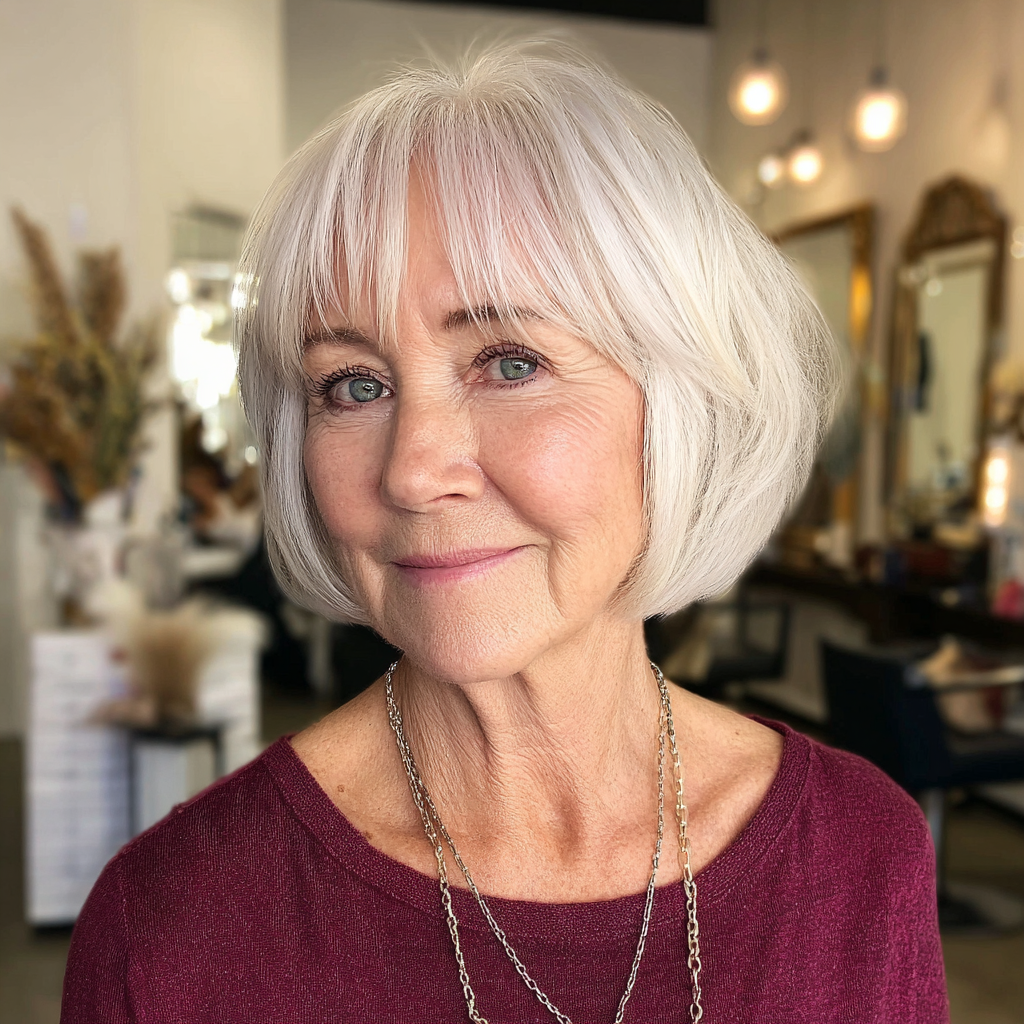 Softly Layered Silver Bob with Side-Swept Bangs