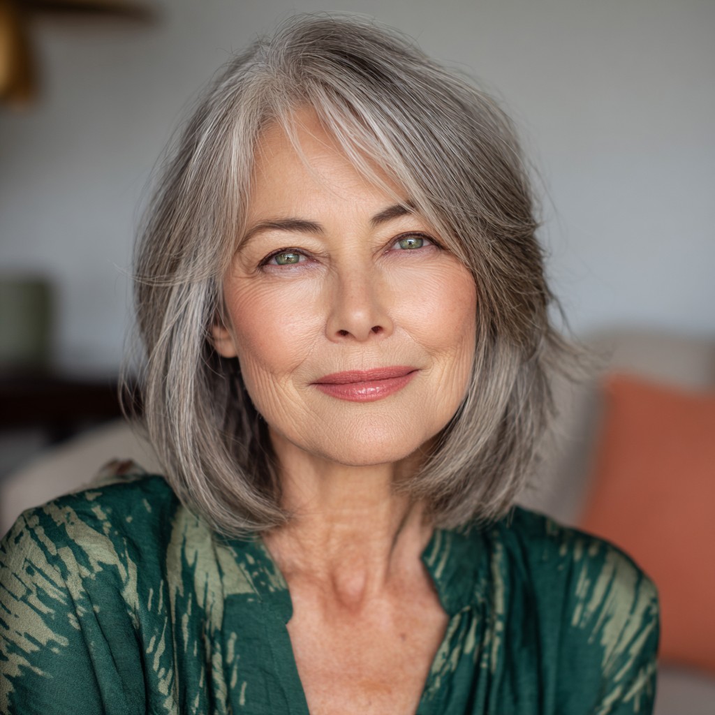 Softly Layered Silver Lob with Face-Framing Highlights