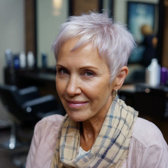 Softly Textured Pixie Cut with Subtle Lavender Highlights