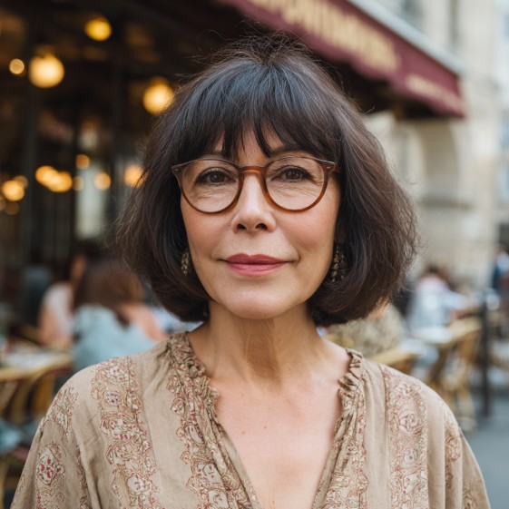 Textured Dark Bob with Soft Fringed Bangs