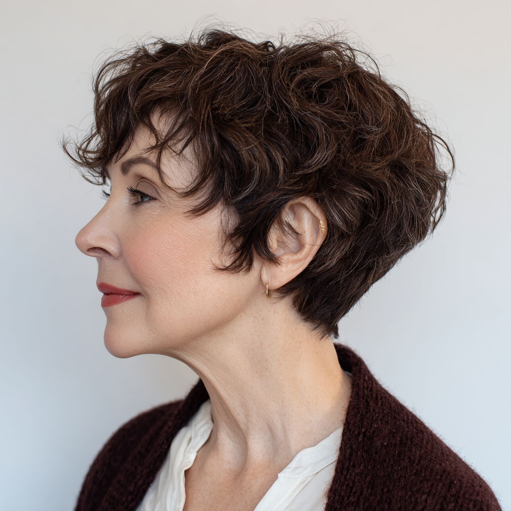 Textured Dark Brown Pixie with Playful Curls