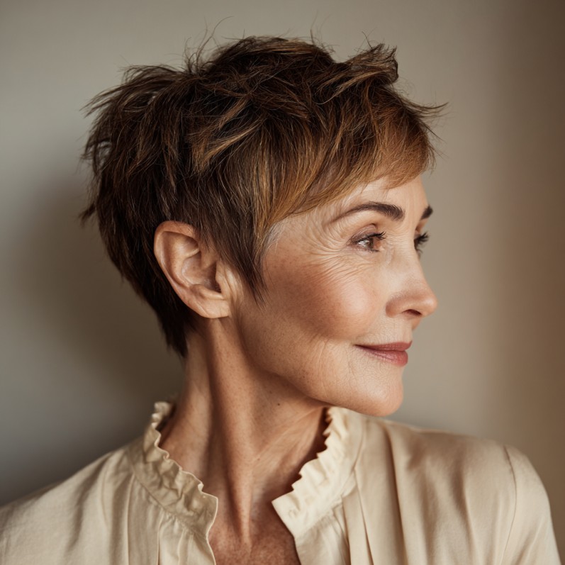 Textured Short Angular Pixie Cut with Subtle Highlights
