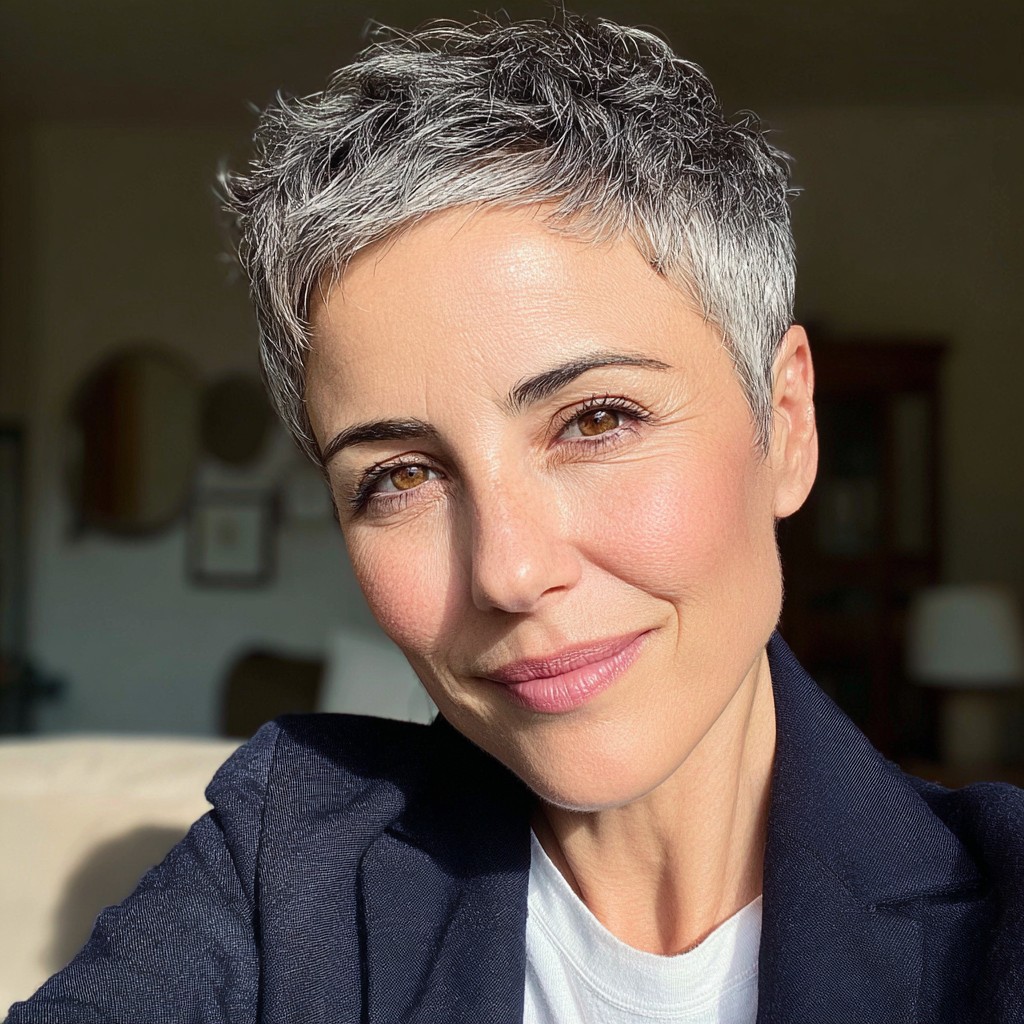 Textured Short Silver Pixie with Defined Layers