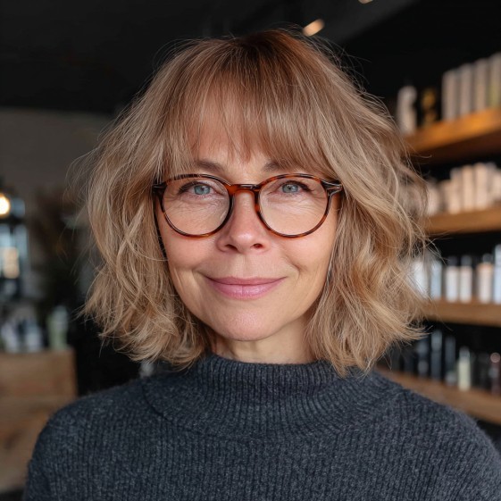 Textured Shoulder-Length Bob with Soft Bangs