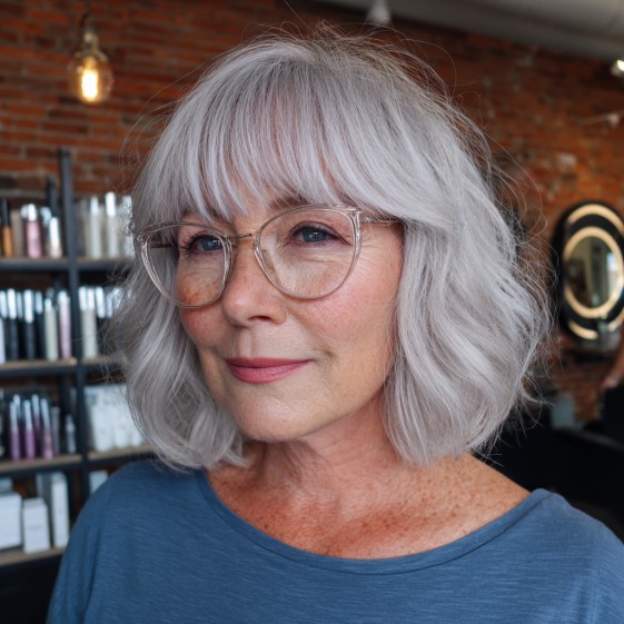 Textured Silver Bob with Soft Blunt Bangs
