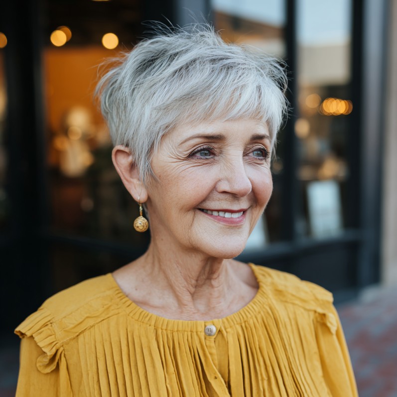 Textured Silver Pixie Cut with Soft Bangs