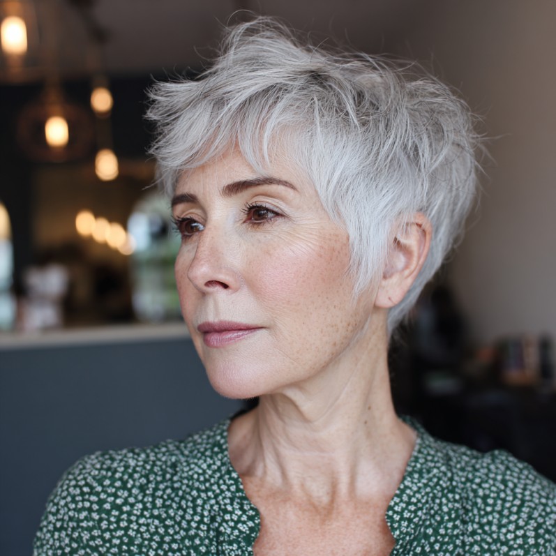 Textured Silver Pixie Shag with Soft Volume