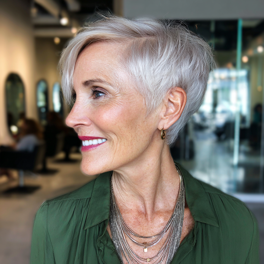 textured silver pixie with soft side swept bangs