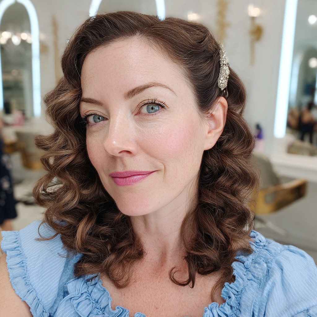 vintage inspired curly half updo with sparkling accents