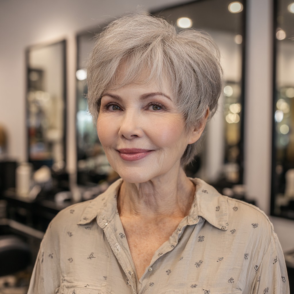 Charming Softly Layered Gray Pixie Cut