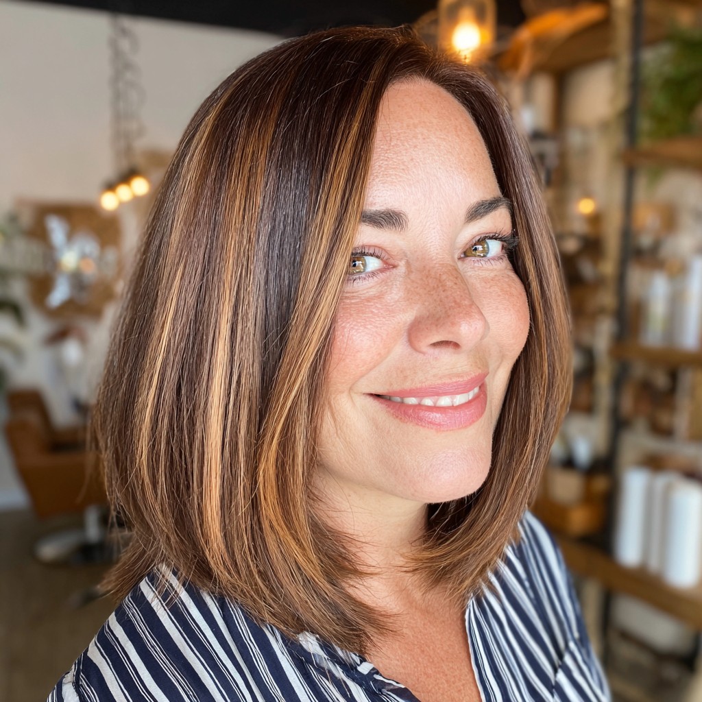 chic one length lob with subtle highlights