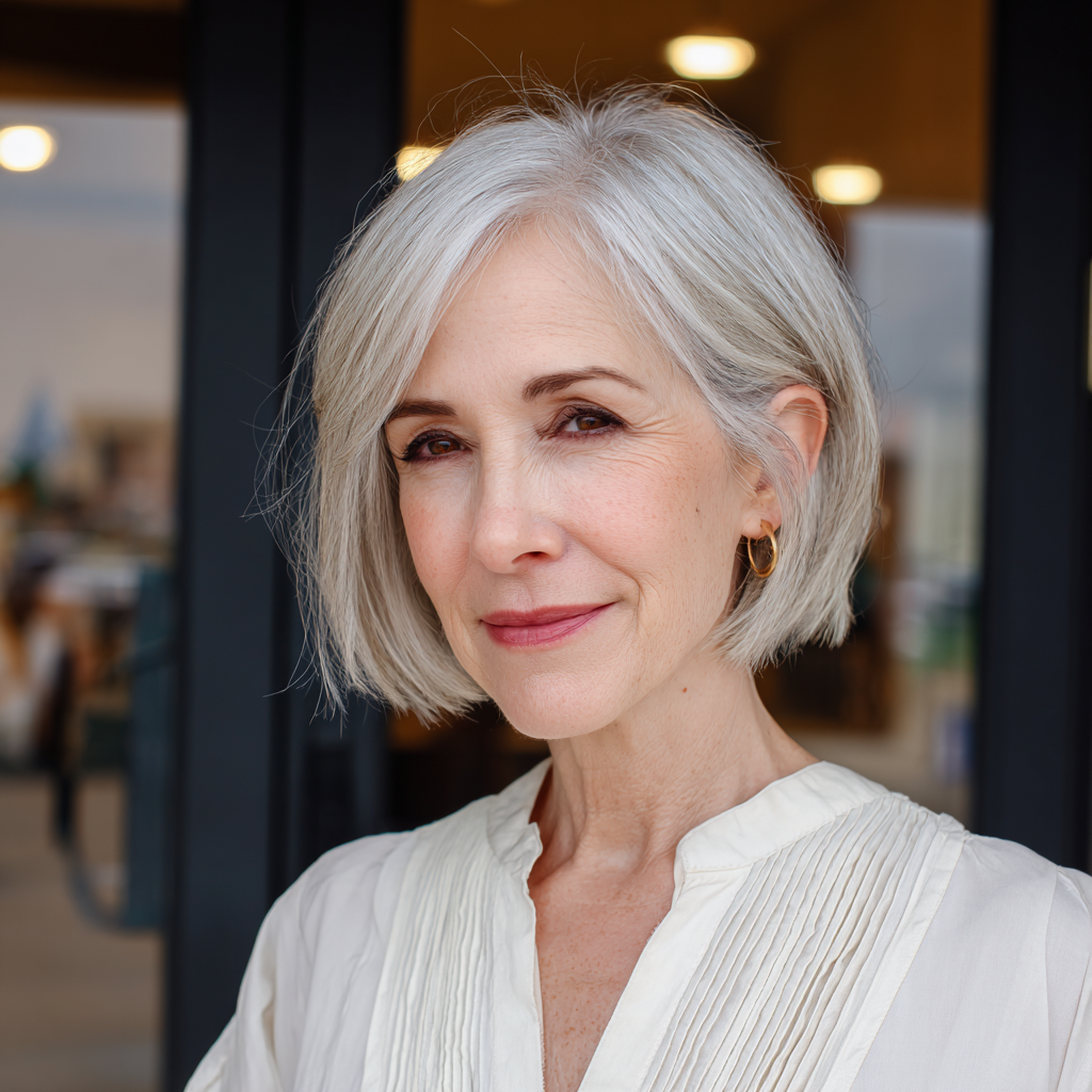 Chic One-Length Silver Bob with Subtle Movement