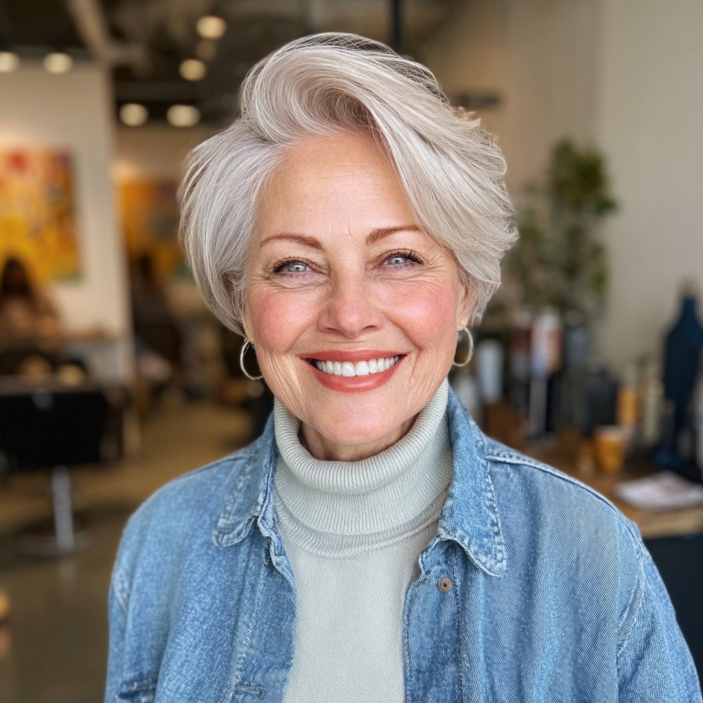 Chic Silver Feathered Cut with Soft Volume