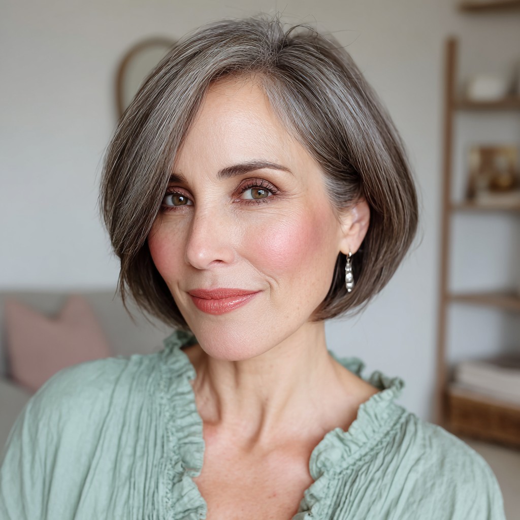 Chic Textured Gray Bob with Soft Side-Swept Bangs