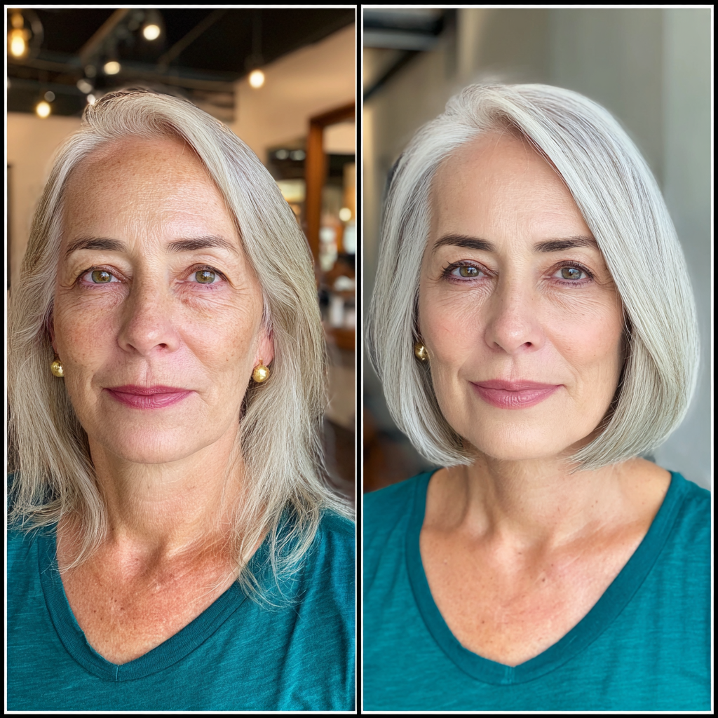 Elegant One-Length Silver Bob with Subtle Face-Framing Layers