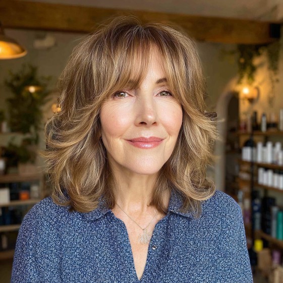 Layered Light Brown Highlights with Soft Face-Framing Bangs